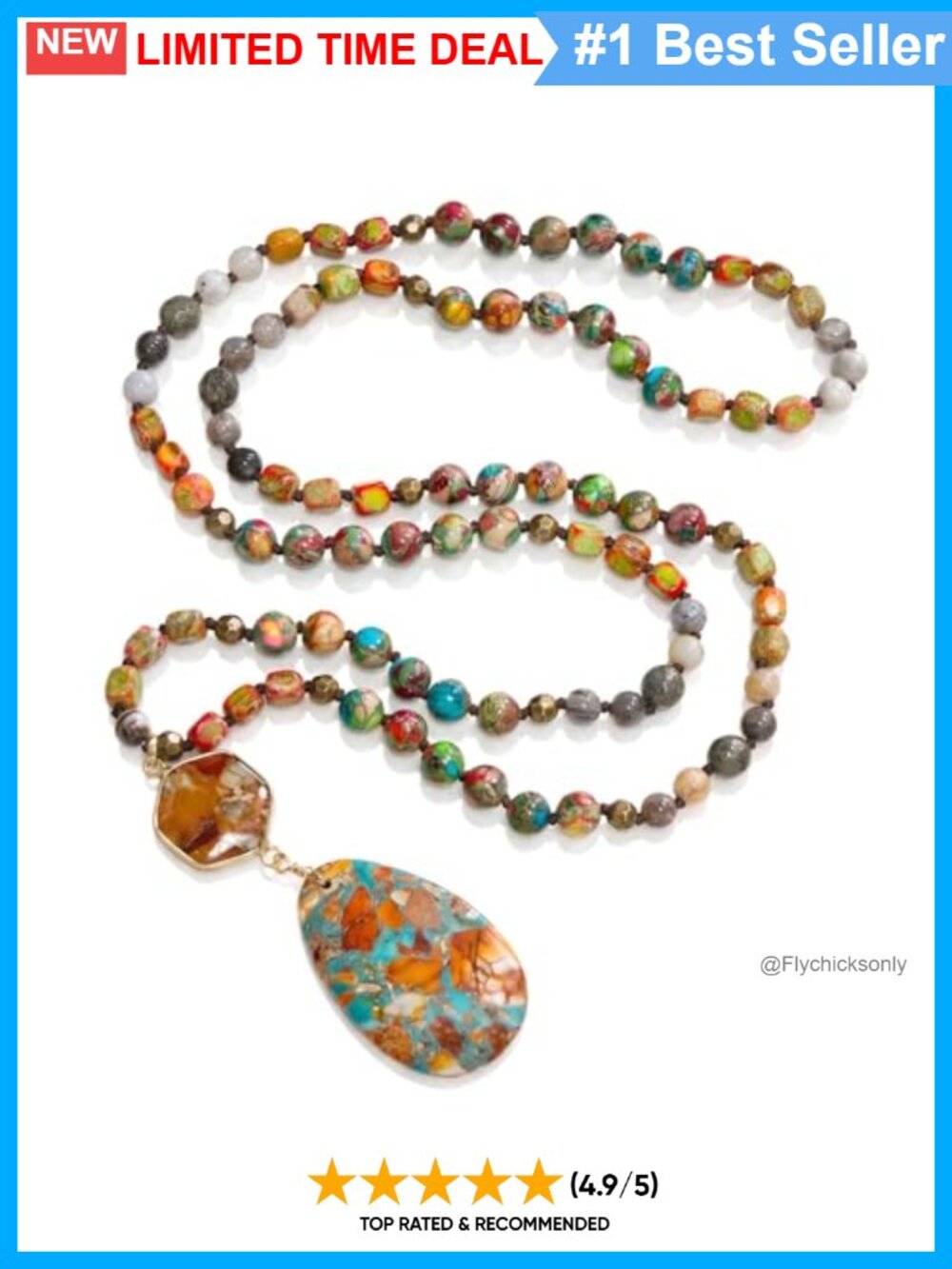 Boho Jade Beaded Long Necklace Teardrop Pendant Handmade 32-34"